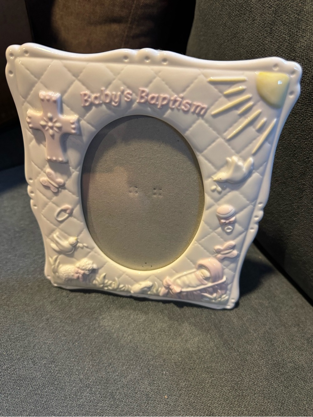 Russ Ceramic Baby Baptism Frame in White with Pale Pink Accents